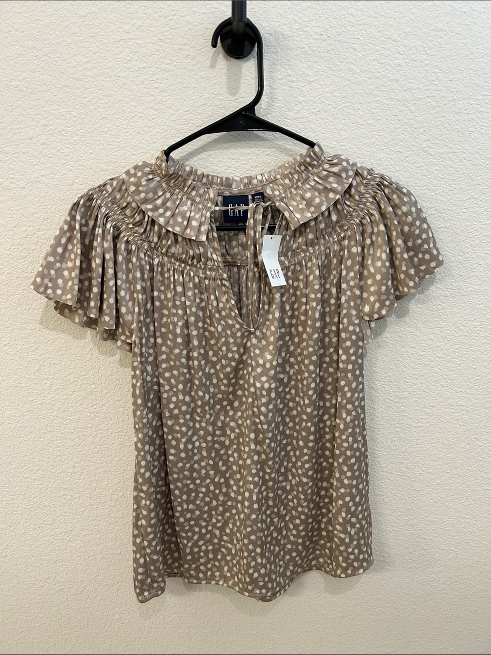 GAP Taupe Dot Ruffle Neck Blouse